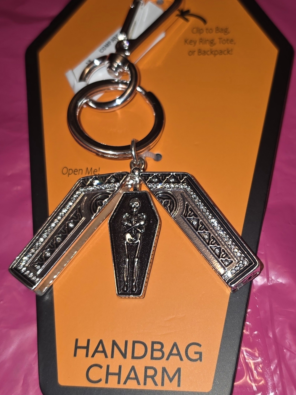 Handbag Charm Keychain with Silver Coffin and Bar Accents